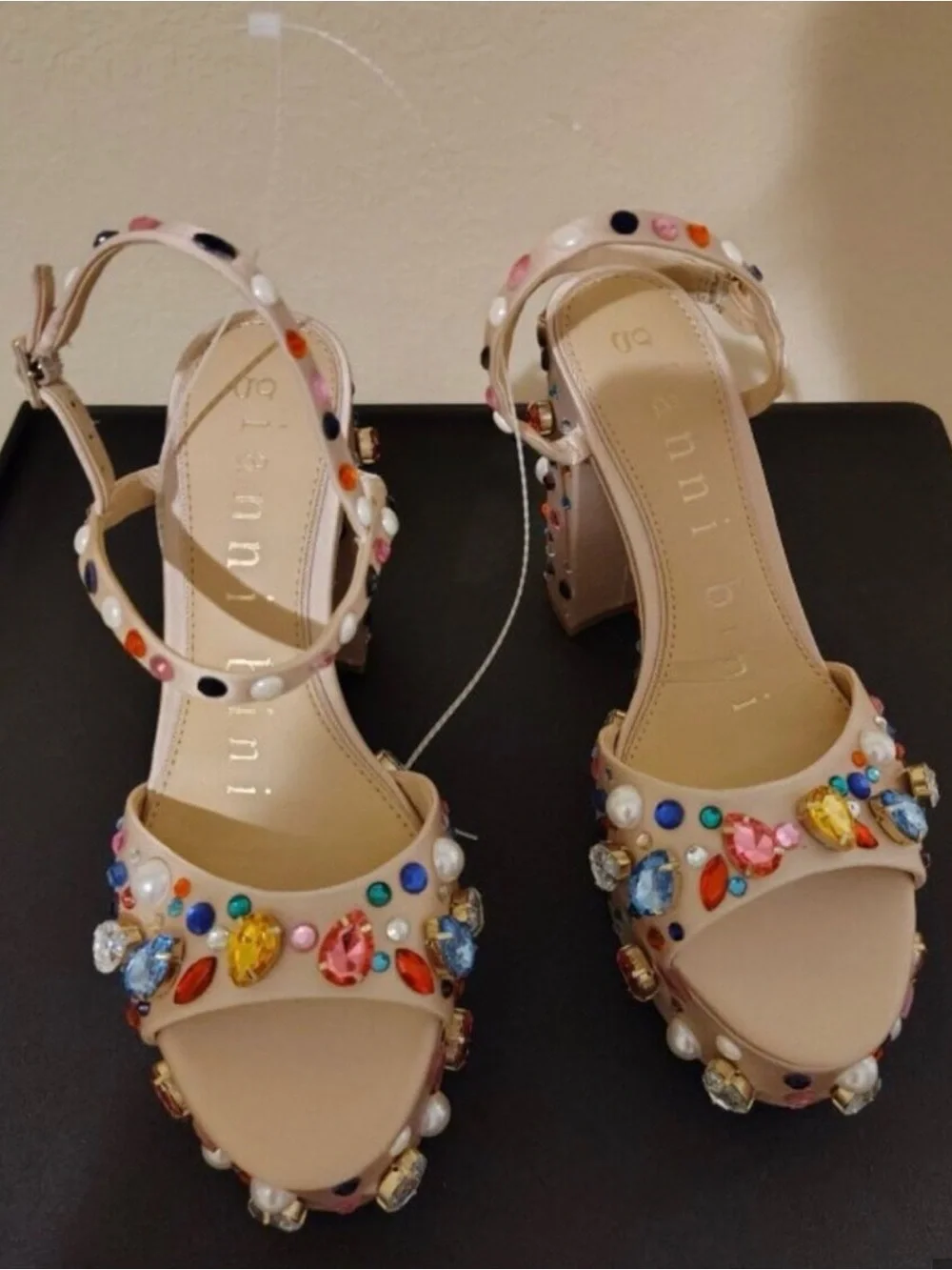 Bejeweled Nude Platform Sandals with Multicolor Crystal Accents